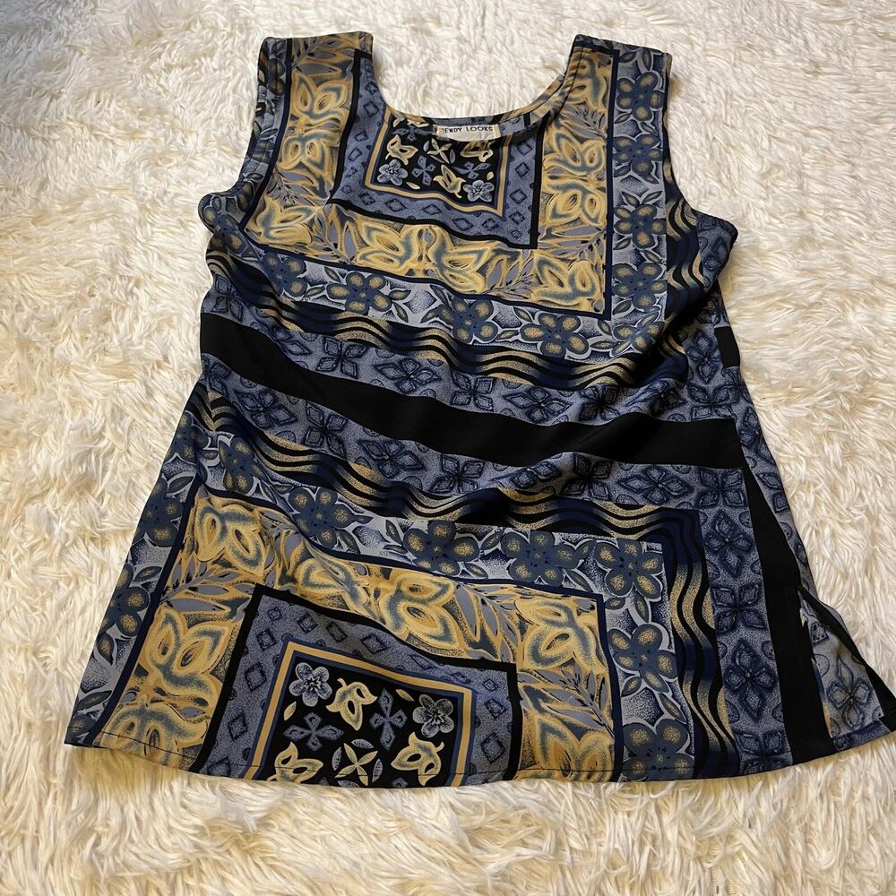 Trendy Looks Sheath Sleeveless Shirt Blue Beige Striped Classic Damask Medium
